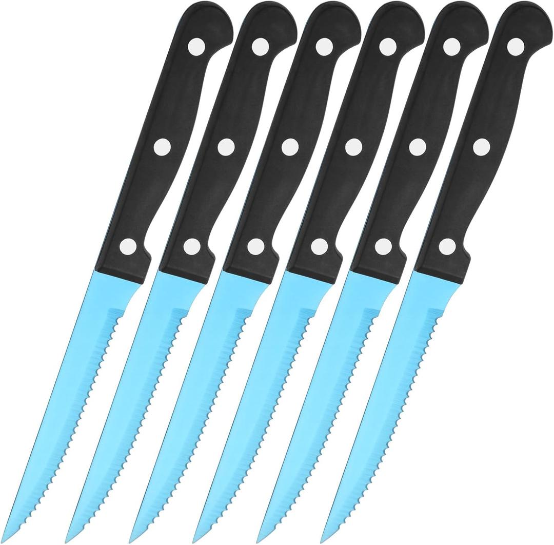 2 x Blue Steak Knife Set of 6, Stainless Steel Knifes, Full Tang Triple Rivet Steak Knives, Serated Sharp Cutlery Utility Knife