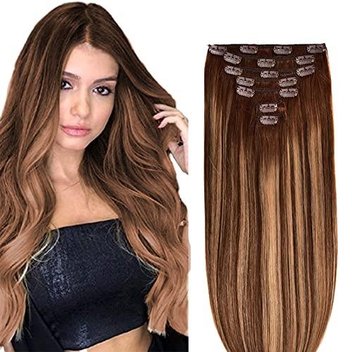 PARAHAIR Clip in Hair Extensions, 100% Real Human Hair 18 inch 70g 7pcs Medium Brown & Dark Blonde Mixed, Double Weft Straight Natural Remy Hair Extensions with 16clips #4/27
