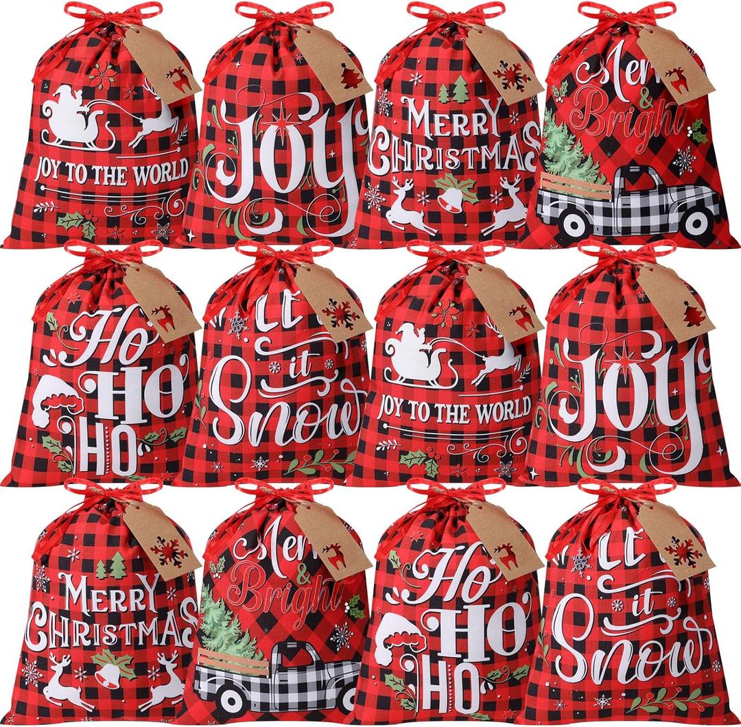 Capoda 12 Set Christmas Drawstring Gift Bags 10 x 12 in Red Buffalo Plaid Treat Bags with 24 Kraft Paper Tags Xmas Candy Pouches Gift Wrapping Decor for Christmas Winter Holiday Birthday Party Favors