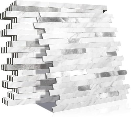 KASARO 10-Sheet Peel and Stick Backsplash Tiles for Kitchen, Marble White with Vintage Silver Embellished Stripes, Self-Adhesive Wall Tile Stick on Bathroom, Fireplace, RV