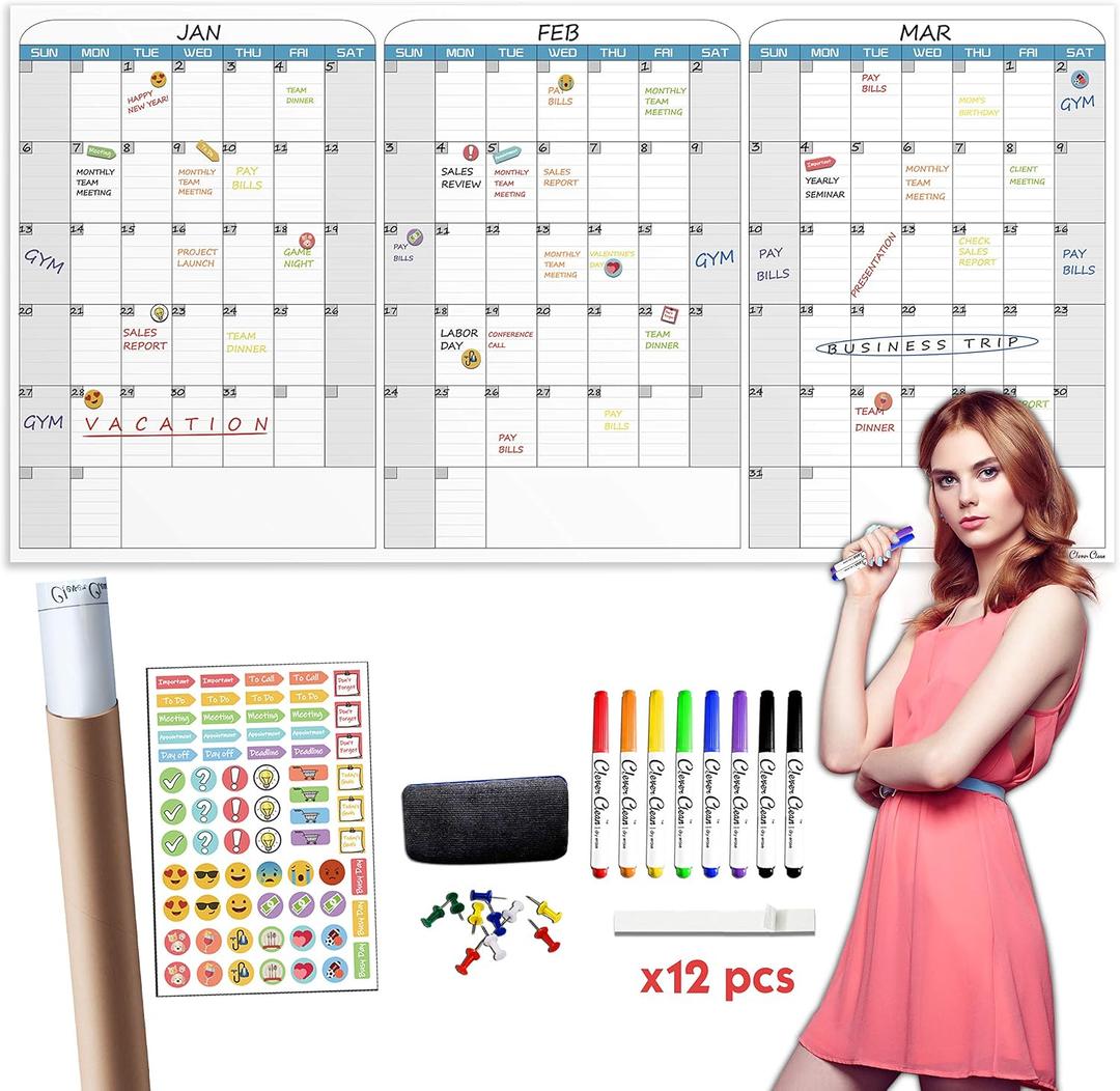 CLEVER CLEAN Large Dry Erase Wall Calendar - 36"x72" Undated 3-Month Calendar for Home, School, Office Projects - Jumbo Reusable Task Organizer, 36"x72" Horizontal