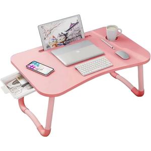 Laptop Desk Foldable Bed Table, Portable Lap Desk Laptop Bed Tray Table with Storage Drawer and Cup Holder, Lap TraysTables Notebook Stand Reading Desks Breakfast Tray for Beds Couch Sofa Floor  Pink