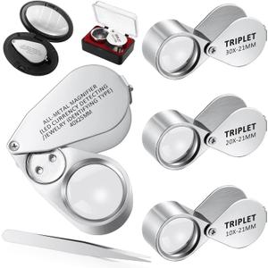 4 Pcs 40x Metal Jewelers Loupe Magnifier with Light Illuminated LED Magnifying Glass 10x 20x 30x Jewelry Eye Loop Folding Pocket Magnifying Glass with Tweezers for Close Work Gems Rocks Stamps Coins