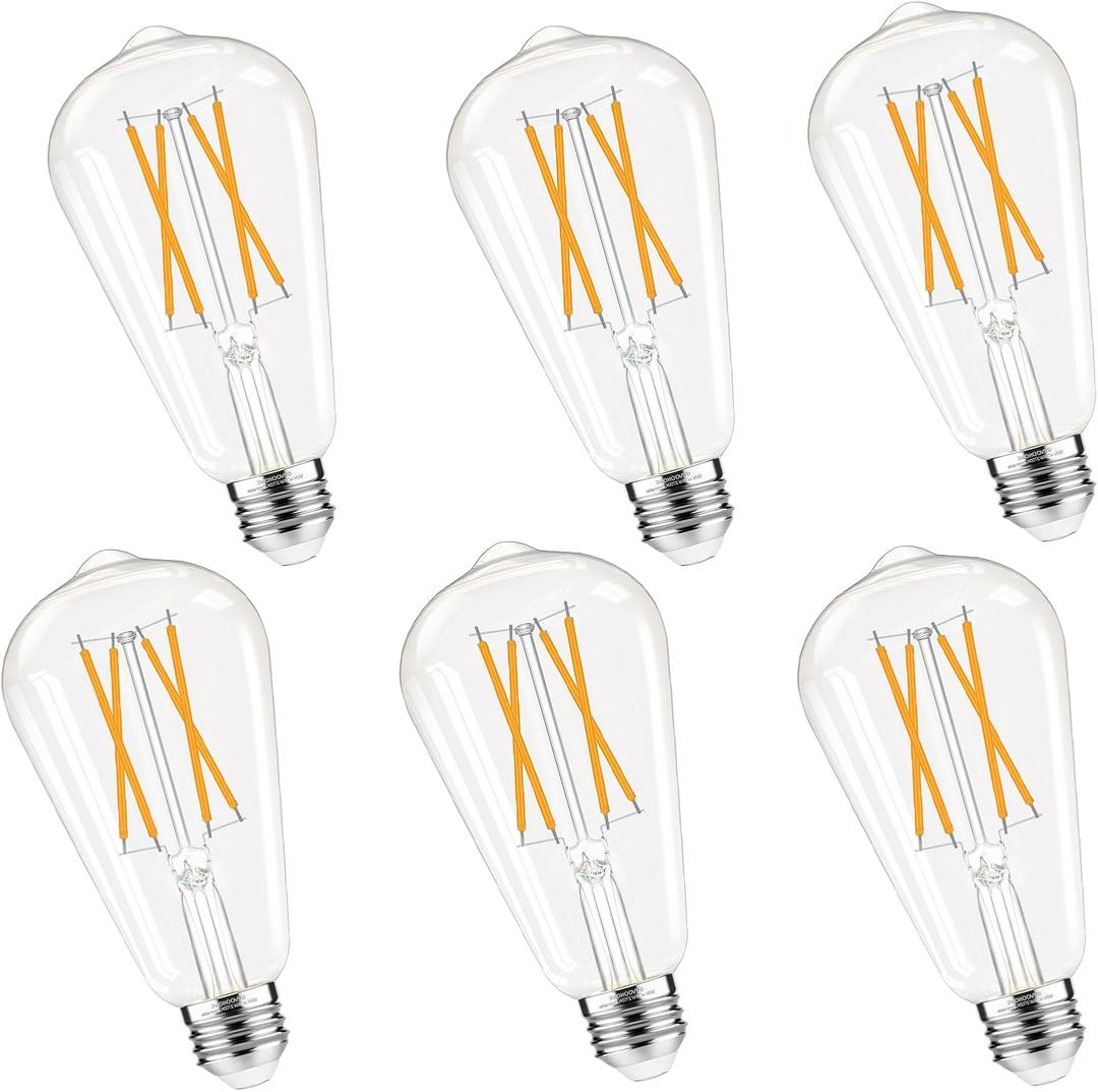 Dimmable Edison Bulbs, 2700K Warm White, 6W Equivalent to 60 watt E26 LED Bulb, ST58 Vintage Light Bulbs, 600LM, 90+ CRI, E26 Base, Clear Glass, 6 Pack