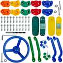 KINSPORY 17 Pack Playground Parts & Accessories for Kids - 10pc Colourful Rock Climbing Holds, 4pc Climbing Handles & Grips, 2pc Play Phones and Steering Wheel for Children Wooden Playset