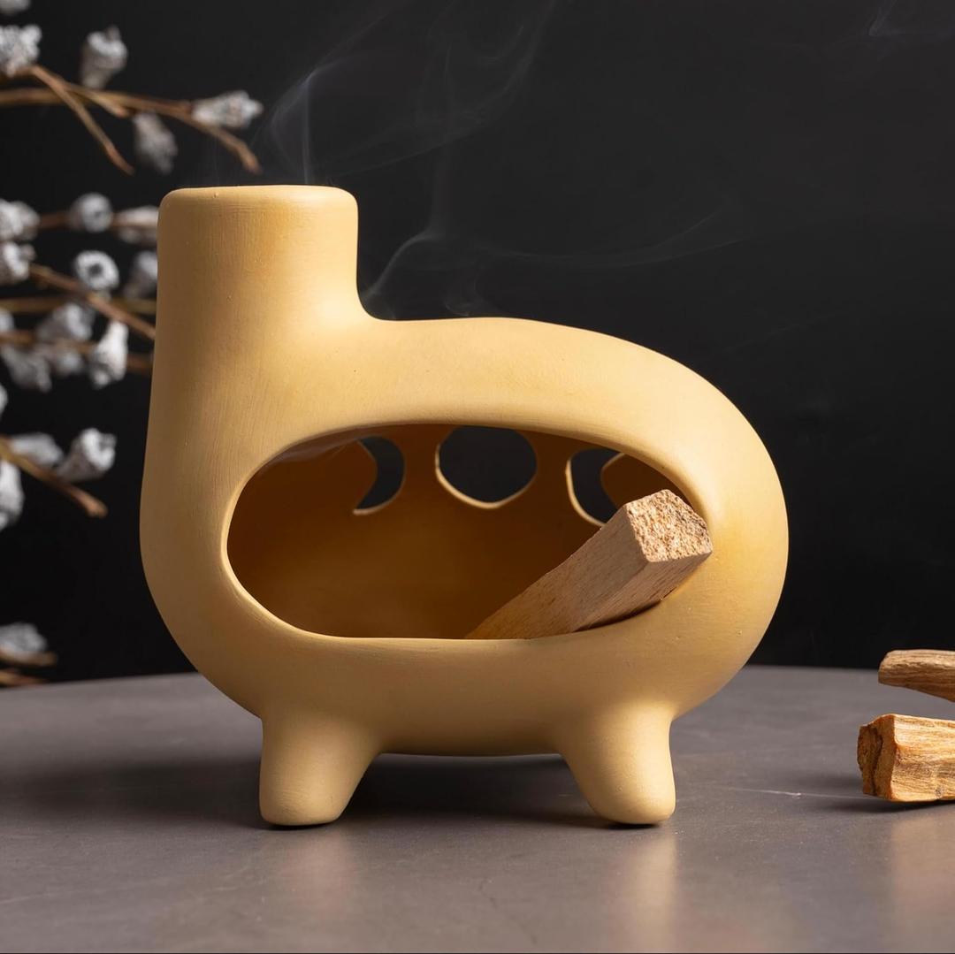Elegant Handcrafted Ceramic Palo Santo Burner-Yellow Terracotta Footed Incense Holder for Meditation,Compatible with Wood Sticks, Sage, Ash&Cones-Mini Aromatic Home Altar with Chimney Design