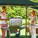 FAB BASED 5x8 Grill Gazebo with Extra Awning, All-Weather Steel Construction, Double Tiered & Resistant Canopy Roof, Metal Serving Shelves, 2 LED, Bottle Opener for Patio, Backyard, BBQ (Green)