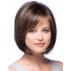 TISHINING Brown Highlight Short Bob Wig with Bangs for White Women Chin Length Layered Brown Mix Blonde Pixie Bob Wig Synthetic Natural Straight Hair Wigs for Daily Party Use