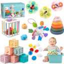 Plunack 6 in 1 Baby Toys 6 to 12 Months, Montessori Toy Infant Teething Babies Toy Stacking Blocks Rings Pull String Toy Sorter Sensory Bin