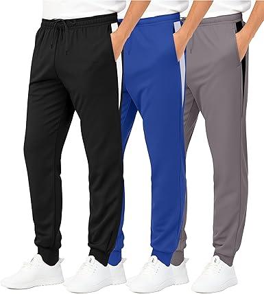 3 Pack Boys Sweatpants Boys Athletic Joggers Pants Kids Youth Open Bottom Pants with Pockets Drawstring, Black, Grey, Blue, Size S