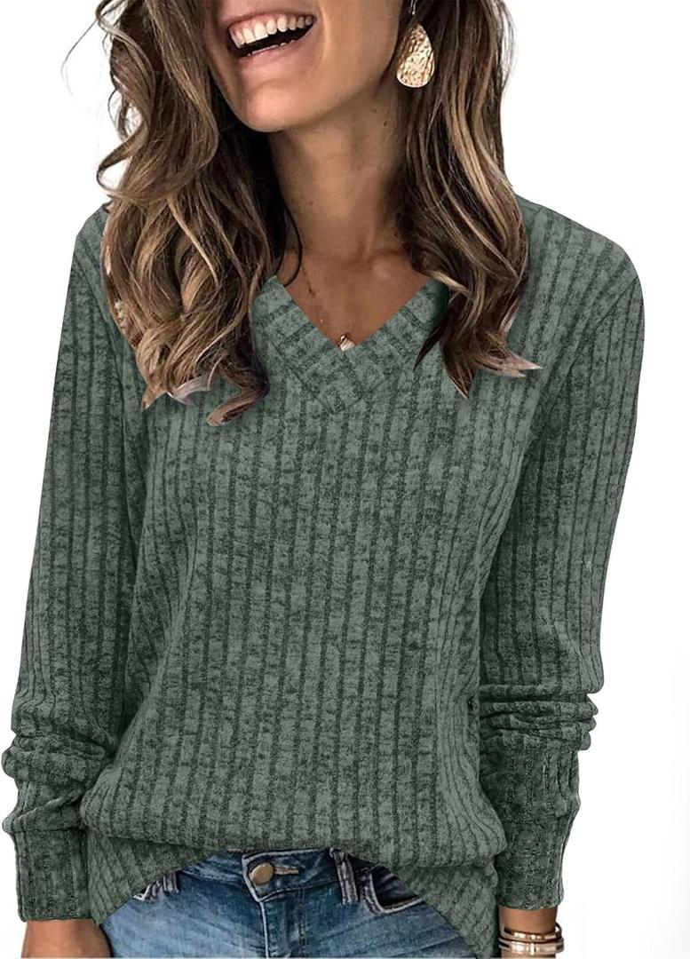 Sampeel V Neck Long Sleeve Shirts for Women Casual Fall Tops Lightweight Tunic Sweaters Fashion Clothes Loose Fit 2025 (Green, L)