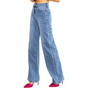 Kedera Women's High Waisted Jeans Stretchy Pearl Beaded Jeans Wide Leg Casual Denim Trousers Y2K Trendy Baggy Pants (Medium, Blue)