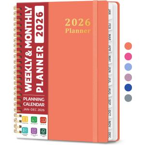 5 x 2026 Planner, Weekly and Monthly Calendar Planner, January 2026 - December 2026, Hardcover 2026 Calendar Book with Tabs For Women & Men, Inner Pocket, Spiral Bound, Perfect for Office Home School Supplies - A5 (6.3" x 8.5"), Coral