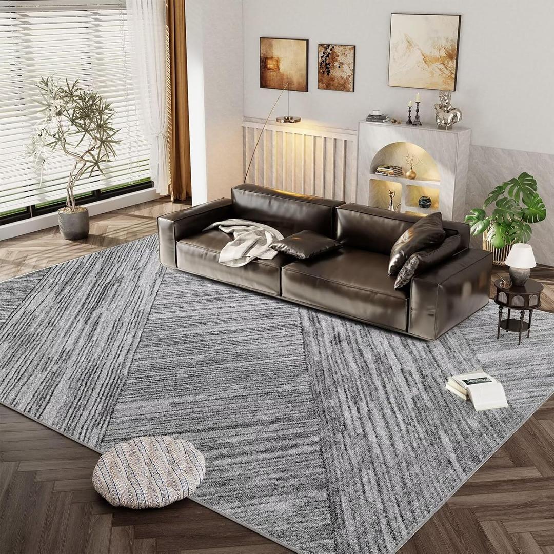 Washable Modern Area Rug - Lineism Style Washable Rug 6X9 for Living Room Kitchen Office Entryway, Soft Modern Home Decor, Non Slip and Low Pile, Black