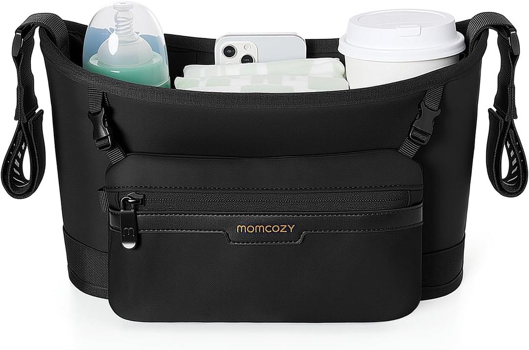 Momcozy Universal Stroller Organizer, Slim Stroller Caddy with 2 Insulated Cup Holders, Non-Slip Silicone Straps, Detachable Mini Pouch, Dense-Weave Parent Console for UPPAbaby, Doona, Graco & More
