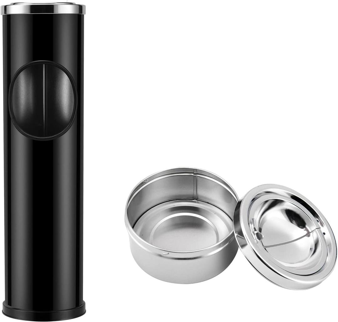 Anfrere Standing Ashtray Outdoor for Patio, Large & Tall Outside Ash Tray for Cigarette Butt Receptacle Disposal, Commercial Metal Smokers Cigar Ash Tray Container with Lid and Trash Can, D01BK (Black)