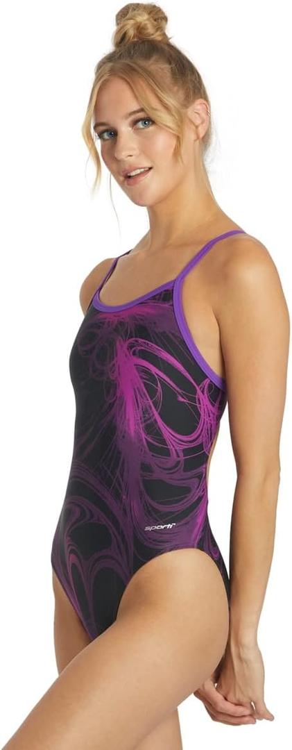 Sporti Thin Strap Athletic One Piece Swimsuit for Women - Multi Limited Printed Pattern - Bathing Swimsuit for Competiton (34, Light Wave - Black/Purple)