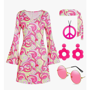 60s 70s Disco Outfit Hippie Costume Women, 1970 Style Clothes Dress Peace Sign Accessories Jewelry Halloween