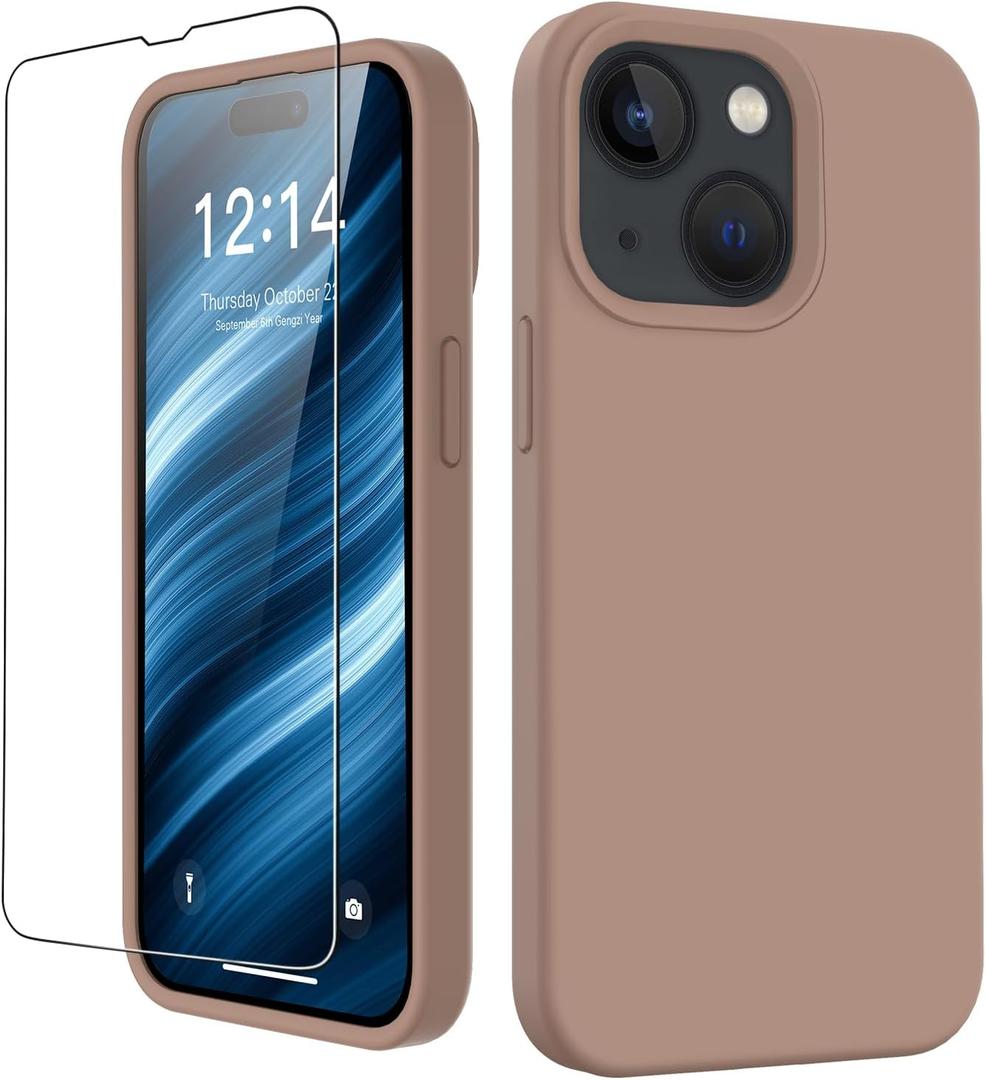 FUNMIKO Compatible with iPhone 15 Case with Screen Protector,Upgraded Liquid Silky Soft Silicone Cover,Fashionably Designed for Men Women Girls,Protective Phone Case 6.1",Light Brown