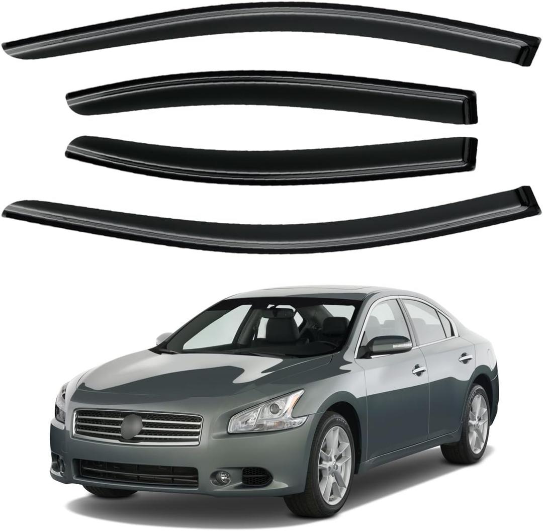 Window Visor for 2009-2015 Nissan Maxima, Out-Channel Rain Guards Shields Vent Deflector Shade Wind Dark Smoke 2010 2011 2012 2013 2014, Tape-On Outside-Mount, 4PCS