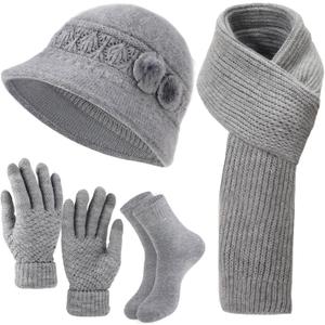 Women Beanie Hat Scarf Gloves Socks Winter Set, Warm Fleece Lined Hat Knit Scarf Touchscreen Gloves Socks 4 Gift Set (Gray)