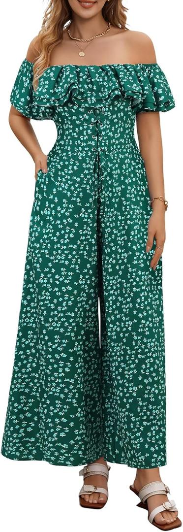 BeryLove Women Floral Casual Jumpsuit Summer Off The Shoulder Wide Leg Vacation Beach Jumpsuits with Pockets (Green, XL)