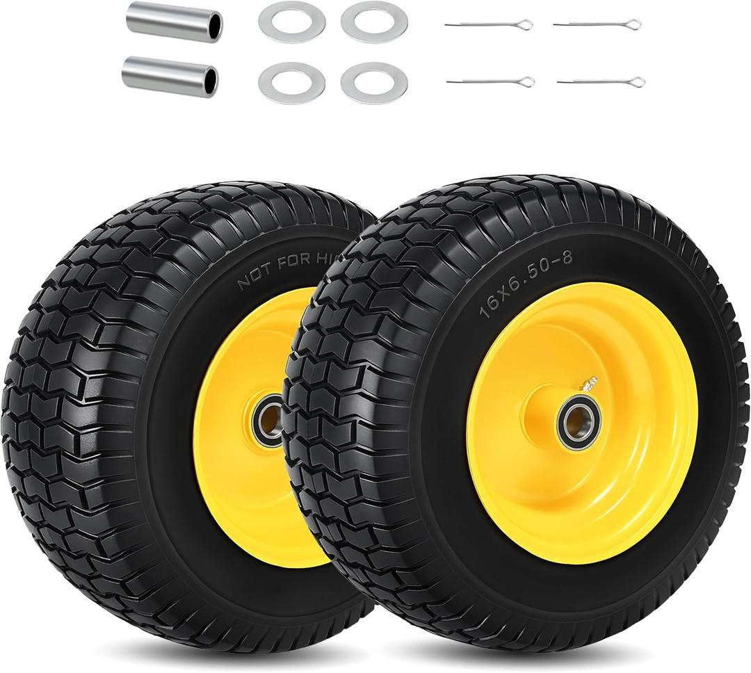 2 Pcs 16x6.50-8 Flat Free Lawn Mower Tire and Wheel with 1 Inch Axle | 3 Offset Hub, 1" Bearings & 3/4" Sleeves, 16x6.5-8 Solid Tires Replacement Front Tire for Riding Mowers and Graden Tractors