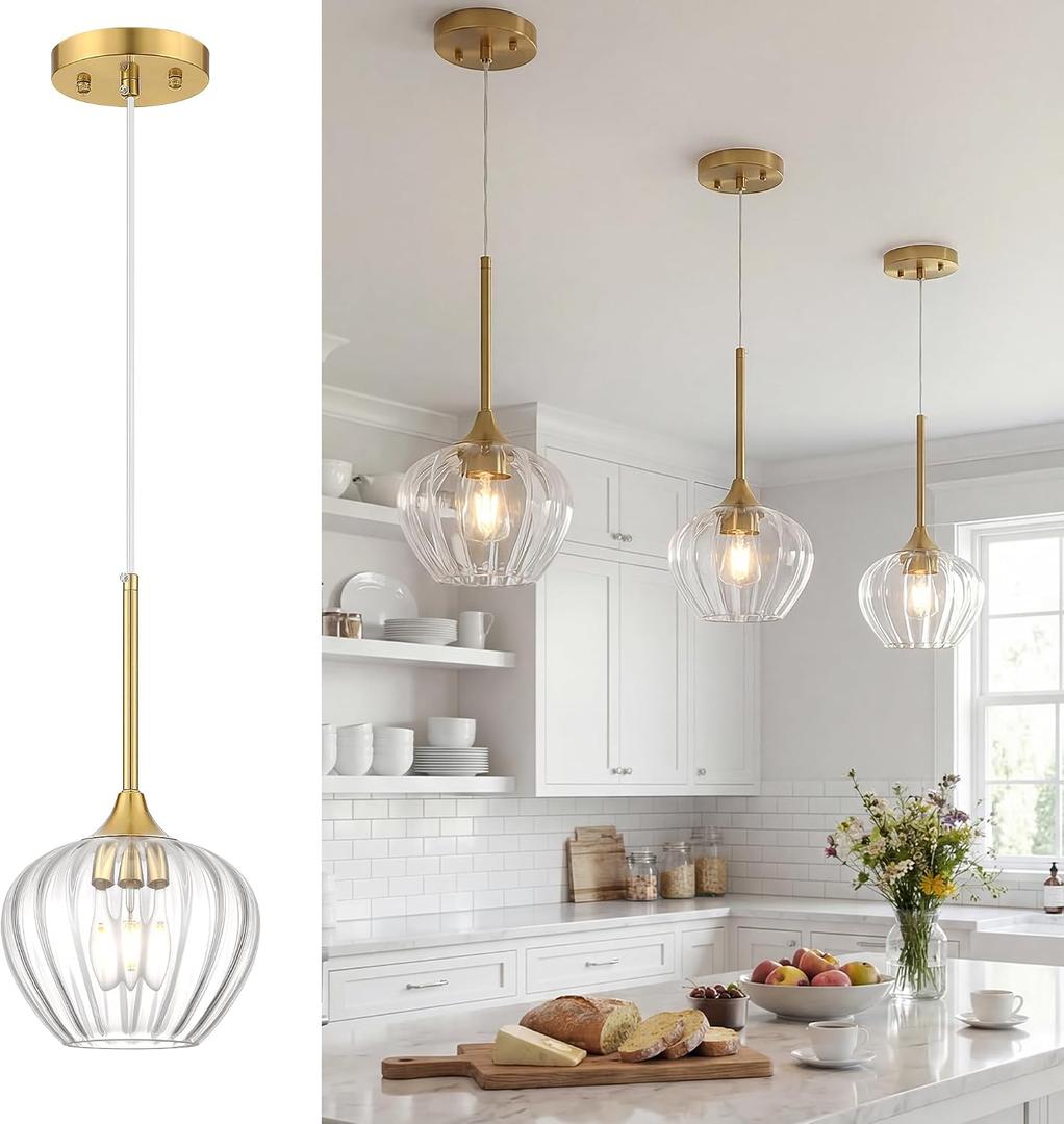 Glass Pendant Lights for Kitchen Island, 7" Modern Gold Pendant Light Fixtures Small Adjustable Hanging Light for Kitchen, Dining Room, Sink, Bathroom