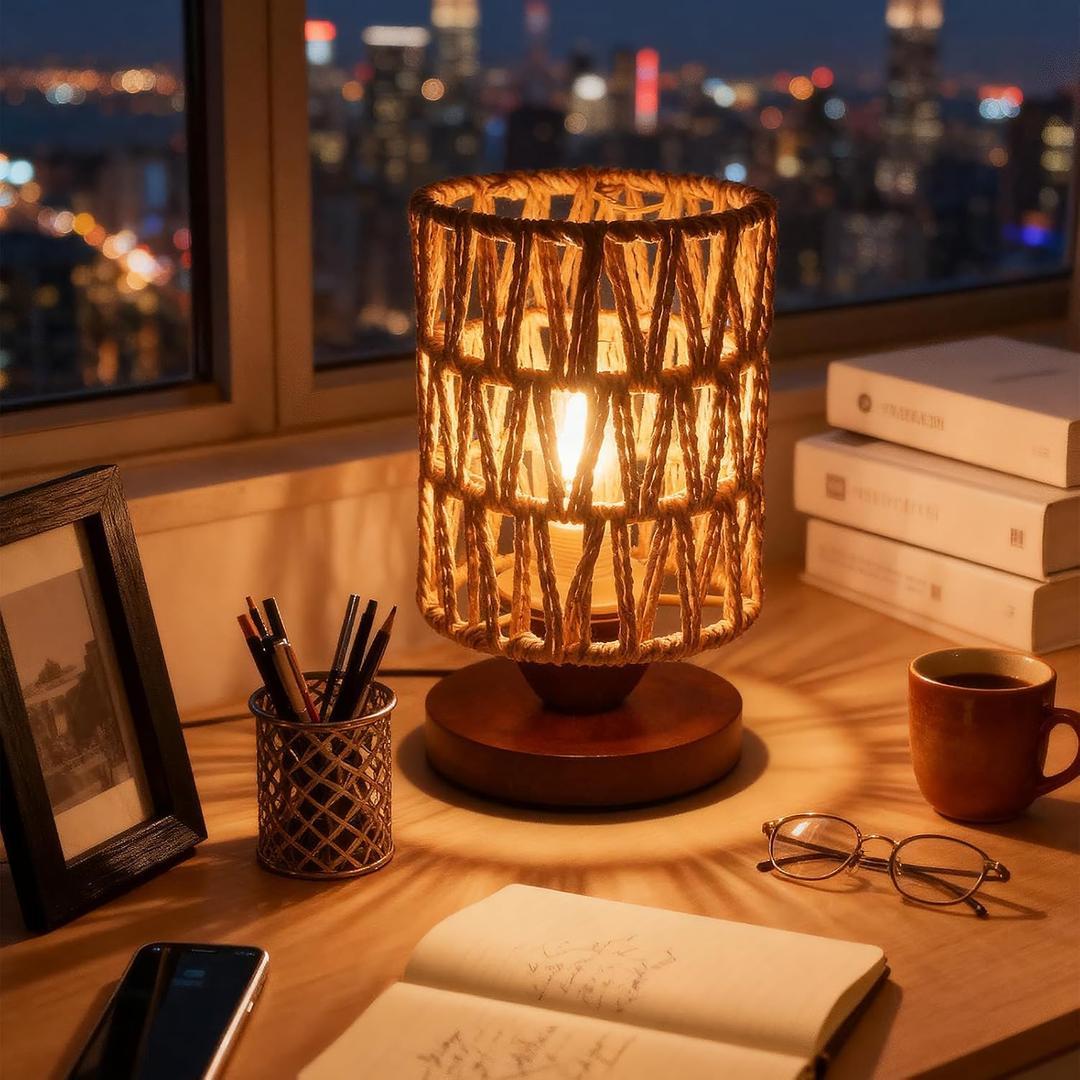 Handmade Rattan Lamp Farmhouse Table Lamp for Bedroom, Rustic Woven Lamps for Night Stands with Warm White LED Bulb, Boho-Inspired Boho Lamp for Living Room Kitchen Nook, 12cm Shade 20cm Height