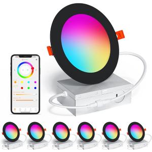 SikSog Smart Recessed Lighting 4 Inch Black RGBCW Color Changing 12W LED Downlight with Junction Box,1080 Lumen Recessed Ceiling Light Compatible with Alexa,Dimmable by Bluetooth Control -6Pack