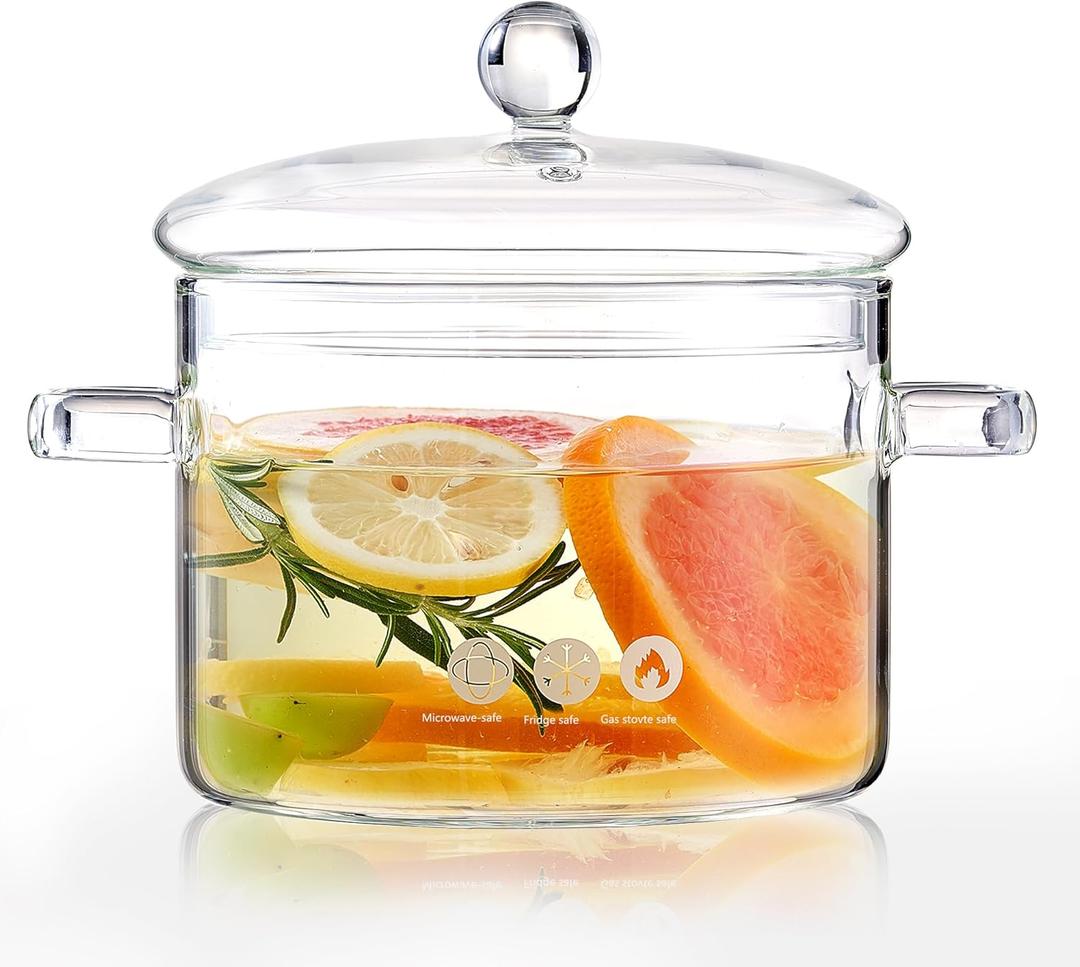 1900ML/67oz Glass Clear Saucepan with Lid,Best Handmade Easy Clean Heat Resistant Glass Cooking Pot for Noodles, Soup, Cereals, Fruits