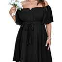 SCOMCHIC Womens Plus Size Cocktail Dress Summer Off Shoulder Short Sleeve Flowy Ruffle A-Line Cute Mini Dress with Belt Black 2XL