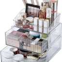 3-Tiers Makeup Organizer with Drawer, Stackable Skincare Storage Box for Vanity and Bathroom, Beauty Essentials, Cosmetic Brushes, Perfume Stand, Large Lipsticks Holder