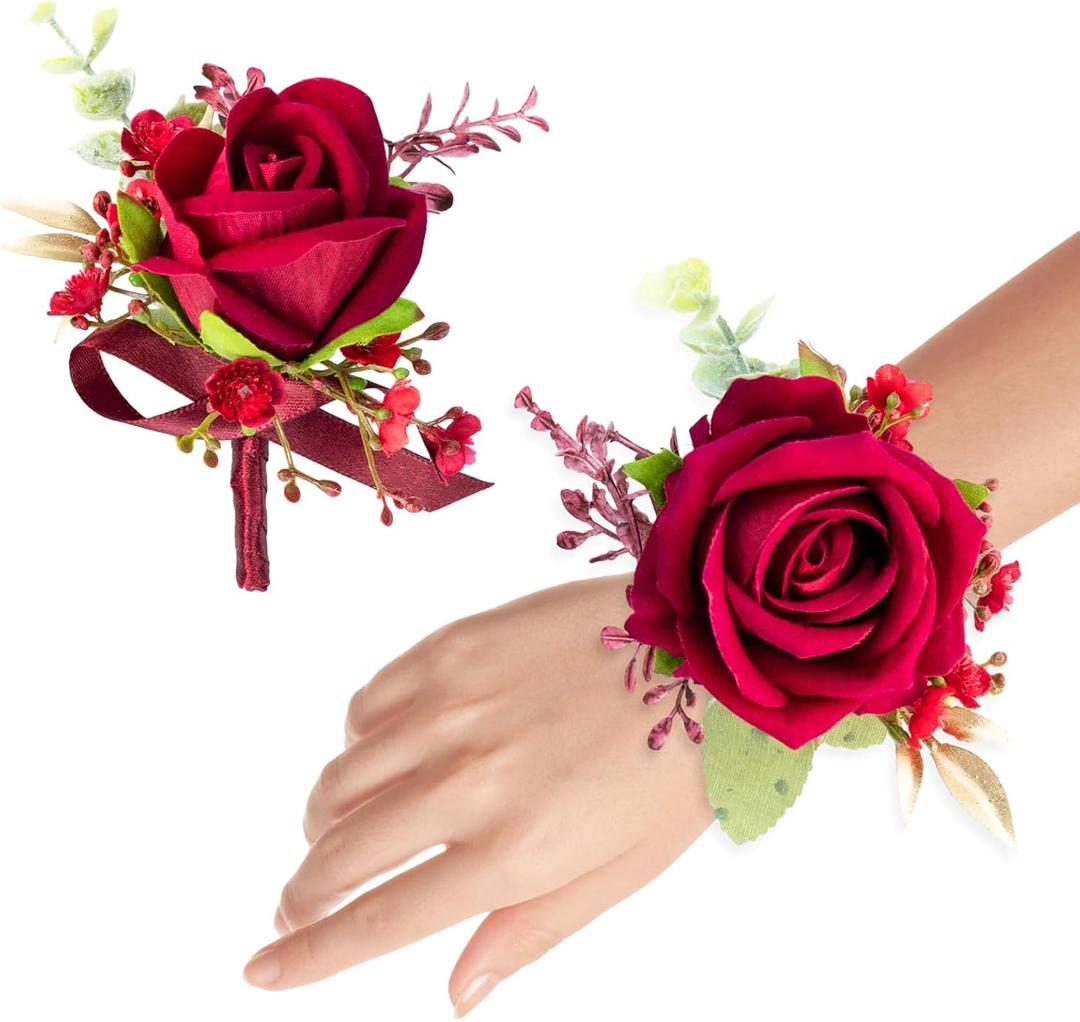 Corsage and Boutonniere Set for Groom Bride Groomsmen Bridesmaids Wedding Party Prom, Artificial Roses Flower Boutonniere for Men Wedding Mother Grandmother for Bridal Shower Prom (Burgundy)