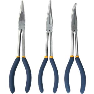 MANUFORE 11 in Long Reach Needle Nose Pliers 3-Piece Set - Straight, 45 Bent, and 90 Bent Heads - Household Tool Kit for Electrical, Repair, DIY