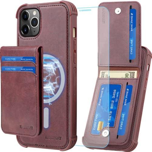 MONASAY Magwallet Case for iPhone 14 Pro Max,[Glass Screen Protector][Support Wireless Charging] Flip Folio Magnetic Leather Wallet Phone Cover with Detachable RFID Blocking Card Holder