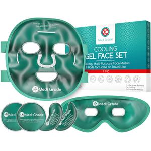 Medi Grade Cooling Ice Face Mask and Cooling Eye Mask for Puffy Eyes & Migraine Relief - Self Care Face Ice Pack with ChillGel Face Ice Mask Technology - Cooling Face Mask, Eye Pads and Bag (Green)