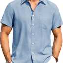 Alimens & Gentle Mens Linen Shirts Short Sleeve Button Down Shirts Wrinkle Free Casual Vacation Beach Summer Tops,Sky Blue,M
