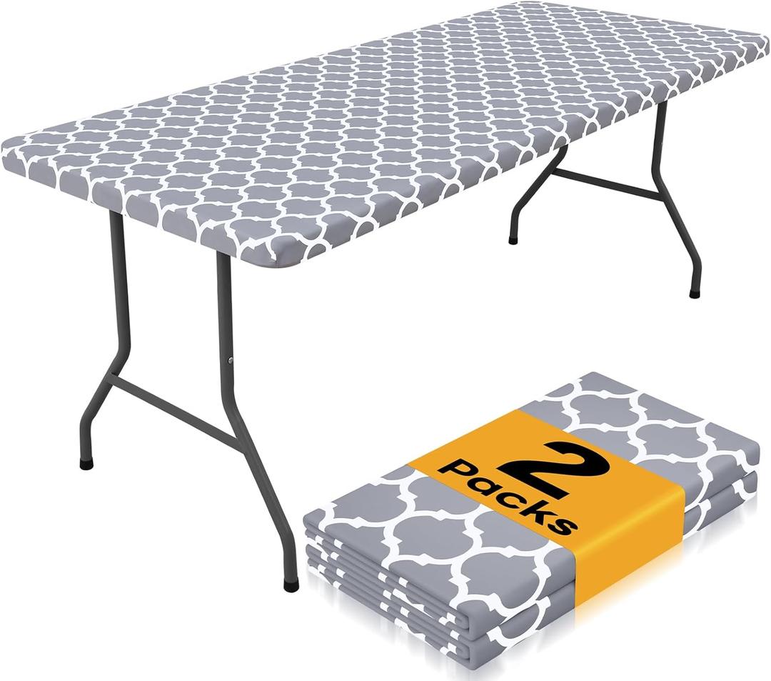 Smiry 2 Pack Rectangle Table Cloth 4 Foot, Waterproof Elastic Fitted Tablecloths, Windproof Washable Polyester Table Cover for Picnic, Camping, Outdoor (Grey, 24"x48")