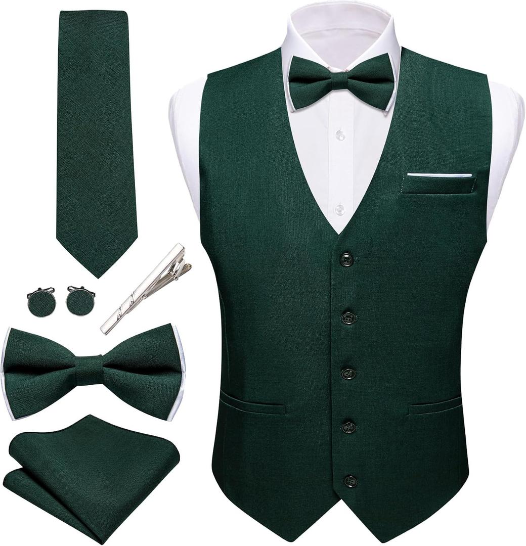 Barry.Wang Mens Suit Vest Linen Formal/Casual V-neck Waistcoat Tie Bow Tie Set Solid Color 6PC Wedding Party Tuxedo (Green, XL)