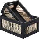 Wood Baskets, Rattan Storage Baskets for Organizing, Black, Set of 2
