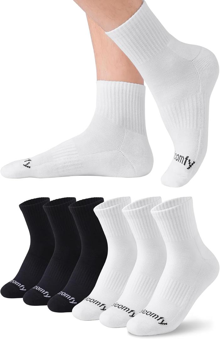 Men's Cotton Ankle Socks with Cushioned Bottom and Arch Compression for Running, Sports, Everyday Wear (6 Pairs) (White & Black)