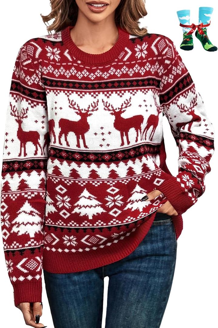 LANPULUX Christmas Sweater for Women Crewneck Adorable Ugly Christmas Sweater Family Matching Outfits Loose Pullover Knitwear (Small)