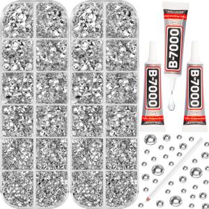 b7000 Clear Glue with 11000Pcs Silver Clear Rhinestones for Crafts Clothing Clothes Fabric Crafting, Flatback Gems Rinestones Kit for Shoes Tumblers, Flat Back Crystals Diamonds ss6-ss20 Multi Sizes (Small Pack + 3Pcs Glue)