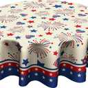 4th of July Tablecloth Patriotic American Flag Round Tablecloth 60 Inch Independence Day Memorial Day Table Cloth for Farmhouse Kitchen Decor Polyester Fabric Table Covers for Party Outdoor Camping