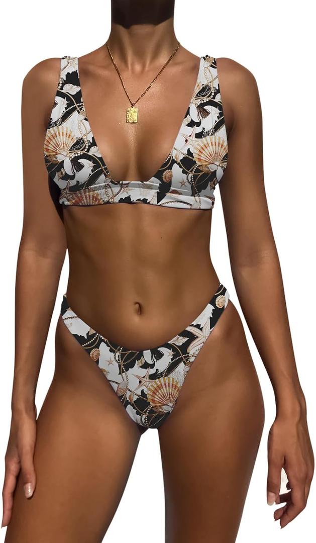 Bathing Suits for Women Deep V Neck Sexy Two Piece Bikini Sets for Women Thong Halter Cheeky Swimsuit (Large, Flower 3)