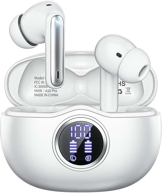 Wireless Earbuds, Bluetooth 5.3 Headphones HiFi Stereo 50H Playback LED Digital Display Ear Buds with ENC Noise Canceling Headset, IPX7 Waterproof Earphones for Gym/Running/Work（White）