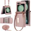 for Samsung Galaxy Z Flip 6 Wallet Case with Built-in Leather Cash Slot and Credit Card Holder. Wristlet Strap and Hinge Protection, Carrying Handbag Phone Case for Women Ladies.(Rose Gold)