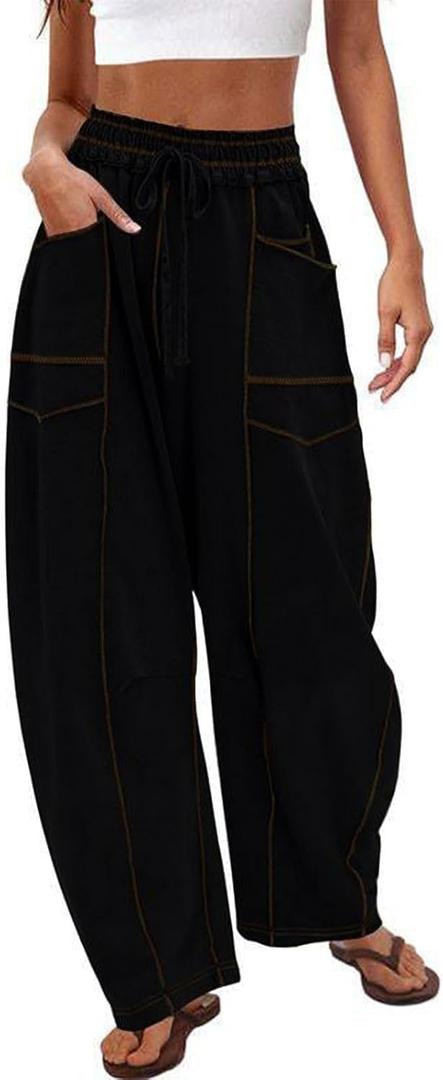 EDOTON Women Barrel Sweatpants Baggy Wide Leg Lounge Pants with Drawstring and Pockets Comfy Summer Pants (Black, M)