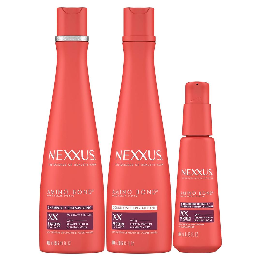 Nexxus Bond Repair Shampoo, Conditioner & Intense Rebond Treatment Bundle Amino Bond 3 Pack for All Types of Damaged Hair, with Keratin Protein and Amino Acids,